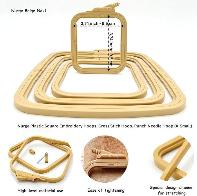 nurge square embroidery hoop - plastic cross stitch frame for needlepoint & embroidery - adjustable craft hoop - beige - no:1 (x small)