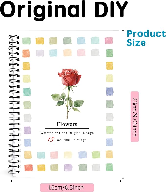 SLWBZ Watercolor Workbook Flowers, 15 Different Patterns of Original DIY Designs, Beginner-Friendly Watercolor Workbooks, (Flowers, Without Palette)