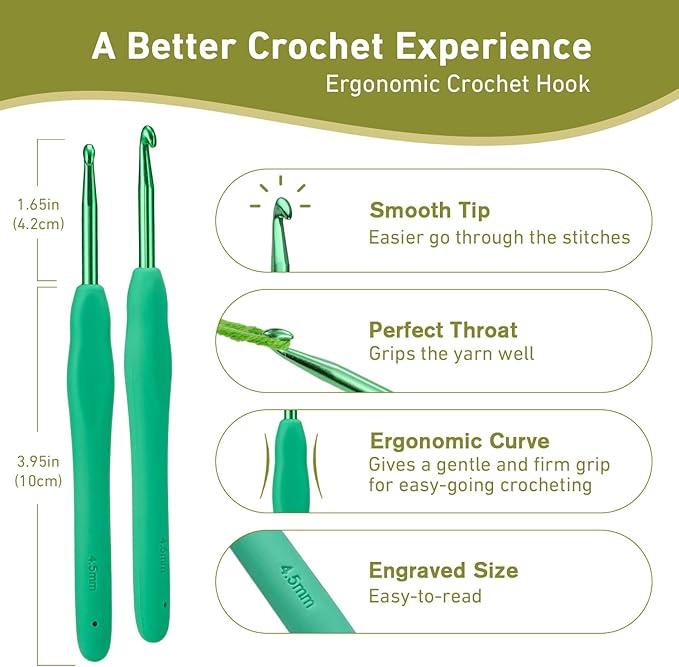 4.5mm Crochet Hook, Supers Smooth 4.5 mm Ergonomic Crochet Hooks for Beginner, Comfort for Arthritic, 1 Pack