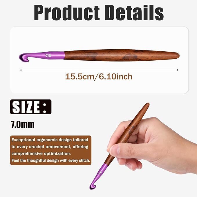 Giwrmu Crochet Hooks, 7mm Ergonomic Crochet Hook, Available in 3mm-7mm, Colored Aluminum Crochet Hook with Wooden Handle Crochet Needle for Arthritic Hands Crocheting Yarn