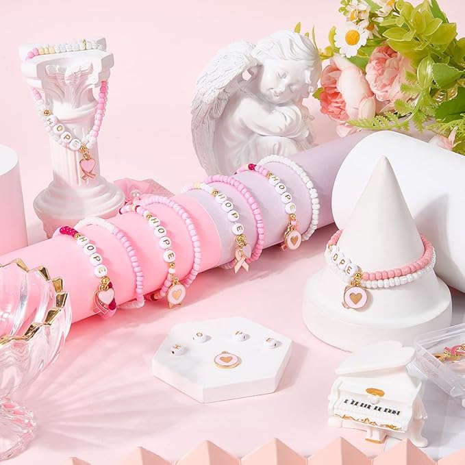SUNNYCLUE 1 Box About 680Pcs DIY 6 Sets Breast Cancer Awareness Bracelets Pink Bracelet Making Kits Alphabet Ribbon Heart Letter Charms for Jewelry Making Kit Supplies Women Beginners Adult Starter