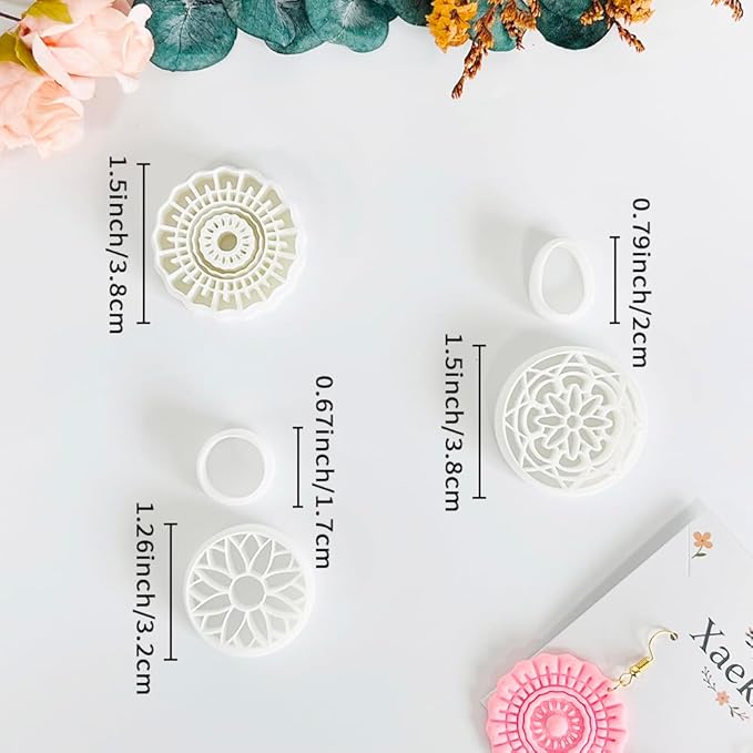 Xaekicr 5PCS Floral Polymer Clay Cutters Set - Round Clay Earring Cutters with Texture Molds for DIY Jewelry Making, Clay Tools for Earrings