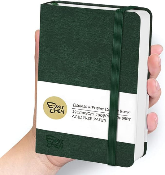Mix Media Pad,3.5"x5.5" Small Hardcover Leather Art Sketchbook,60 Sheets(112lb/180gsm) Heavyweight Acid Free Artistic Painting Drawing Sketching Paper, Handy Pocket Journal Sketchbook.Blackish Green