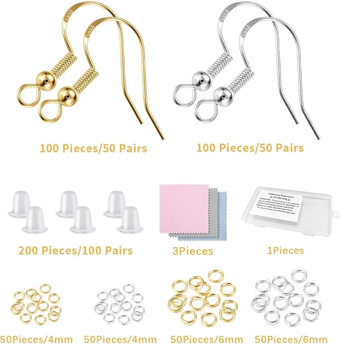 200 pcs/100pairs 925 sterling silver and gold earring hooks,hypo-allergenic fish earring hooks earwires for diy jewelry making supplies with 200 pcs soft silicone earring backs