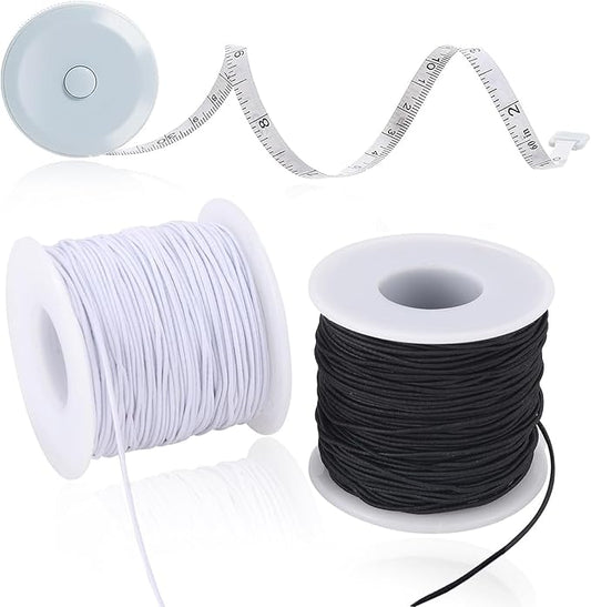2 Rolls Stretchy Elastic Cord & Retractable Measuring Tape Set, 1.2mm x 110 Yards Beading String for Jewelry Making, Bracelets, Necklaces (Black + White)