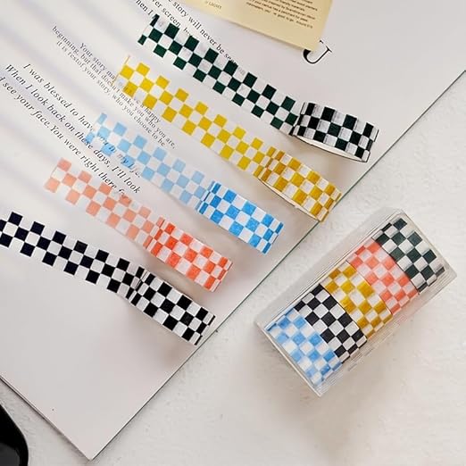 Checkered Tape Decorative Plaid Cute Washi Tape Set 0.6inch Width Colored Grid Masking Paper Tapes 5 Roll Checkerboard Flag Tape Rolls for Scrapbook Artist Craft Party Decoration Box Label
