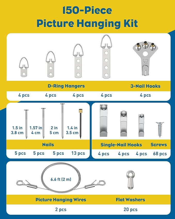 Uniclife 150 Pcs Picture Hanging Kit, 6.6 ft x 1/16" Picture Hanging Wire, Picture Wire Hanging Kit with D Rings, Hooks, Nails & Screws, Picture Hangers for Photo Frame, Mirror, Curtain & Art