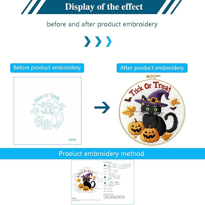 Zhenqing Halloween Black Cat Embroidery Kit for Beginners - Complete Set with Pre-Printed 29x29cm Cotton Fabric, Hoop, Threads & Tools (C0118)