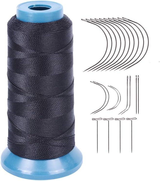 Hair Weaving Thread with C/J/I/T Needles 1500 Yards 210 D Strength Polyester Thread Sewing Thread for Making Wigs Hair Extension Kit (Black)