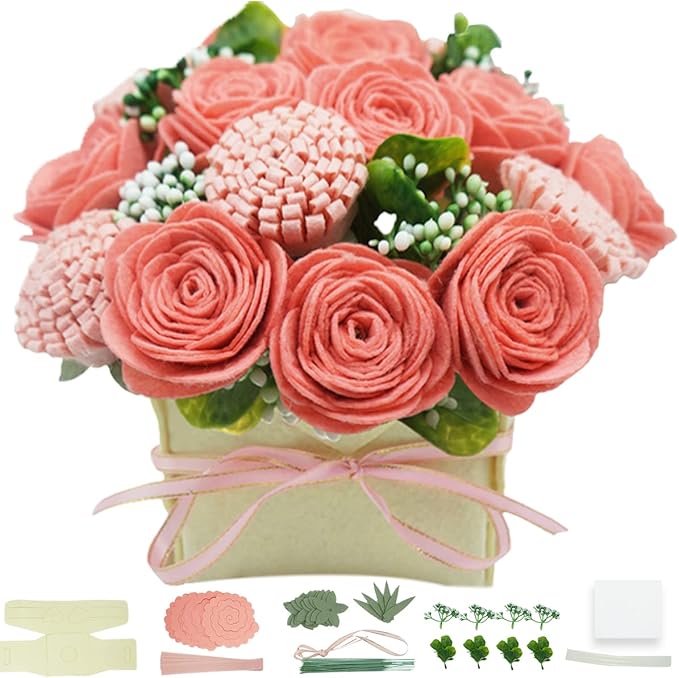 BAZIMA DIY Felt Flower Art Craft Kit,DIY Pink Rose and Carnation Bouquet Kit, Floral Gifts,Beginner Craft Kit,Arrange Pre-Cut Felt Flowers and Foliage