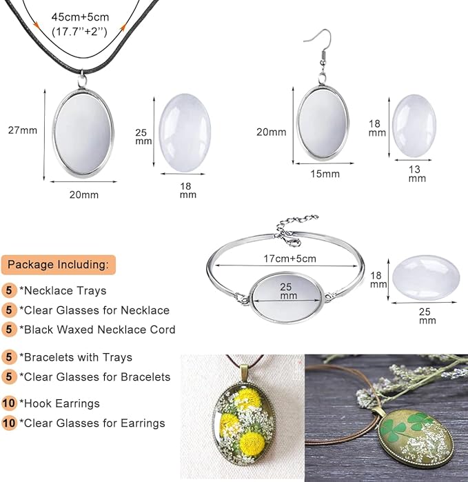 Pendant Trays Set for DIY Jewelry Making Crafts, Oval Glass Cabochon Pendant Bezel Trays, Bracelet Blank Trays and Earrings Blanks Charms for Gift