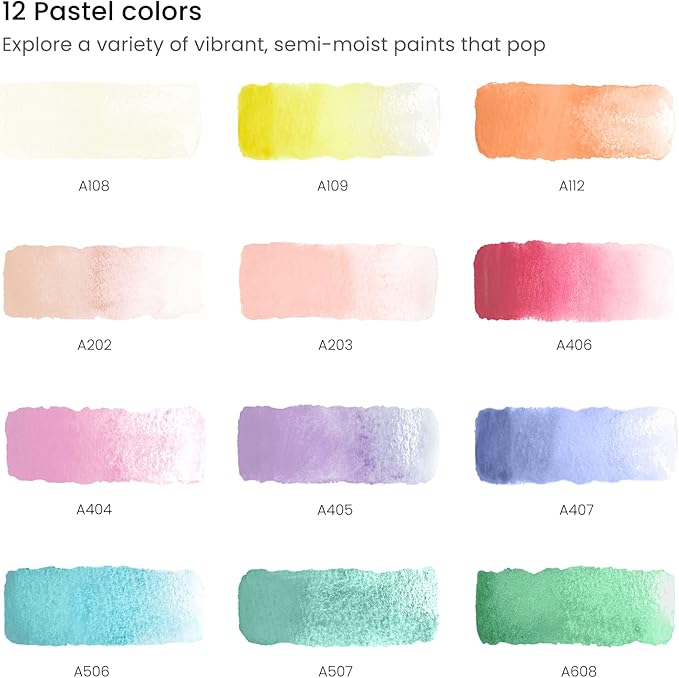 ARTEZA Watercolor Paint Set, 12 Pastel Tones Half Pans, Portable Travel Watercolor Set with Water Brush Pen, Metal Tin, and Swatch Sheets for Washes, Blending, and Watercolor Techniques