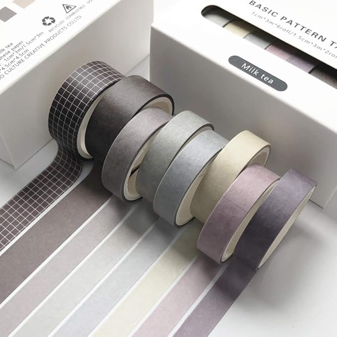 8 Rolls Washi Masking Tape Set Basic Solid Color Brown Coffee Plaid Grid Adhesive Decorative Label for Art Craft Journal Scrapbook Planner DIY Album Calendar Diary Book