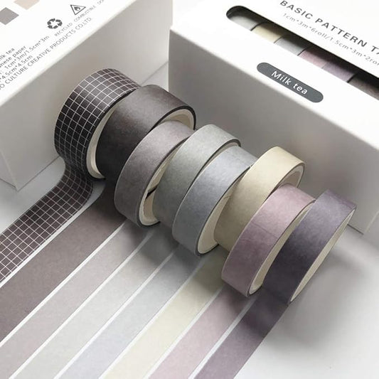 8 Rolls Washi Masking Tape Set Basic Solid Color Brown Coffee Plaid Grid Adhesive Decorative Label for Art Craft Journal Scrapbook Planner DIY Album Calendar Diary Book