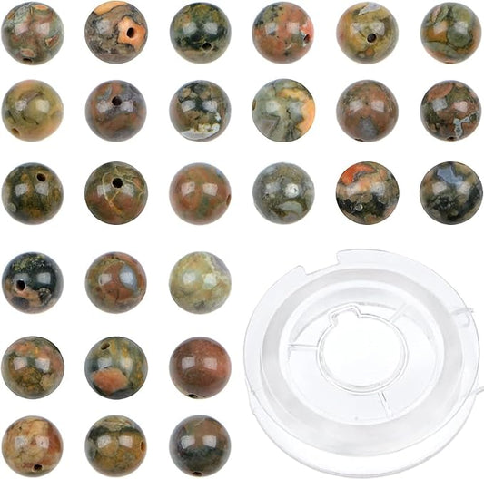 bymitel 90pcs natural crystal beads stone gemstone round energy healing loose beads with stretch cord for jewelry making bracelets anklets (rhyosite jasper, 10mm 90pcs)