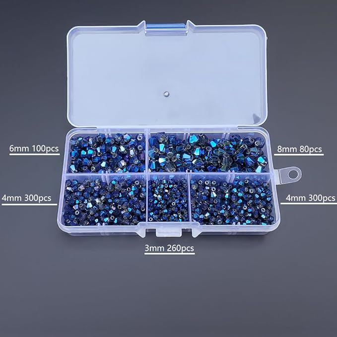 Clear Blue Bicone Glass Beads for Jewelry Making, Faceted Crytal Spacer Beads for Bracelet Necklace Earring (3mm 4mm 6mm 8mm Mixed Sizes, 1040pcs)