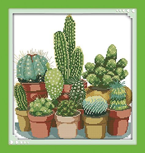 stitchmelody stamped cross stitch kits supplies,11ct printed pattern embroidery kit for adults- beatiful cactuses 16.9''x17.7''
