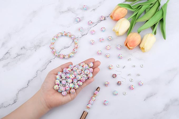 LAIDANLA 250pcs 12mm Colorful Rhinestone Beads and 8mm Rondelle Spacer Beads for Beadable Pens, Sparkly Shamballa Disco Ball Bead for Jewelry Making Bracelets Necklaces Earring DIY Craft