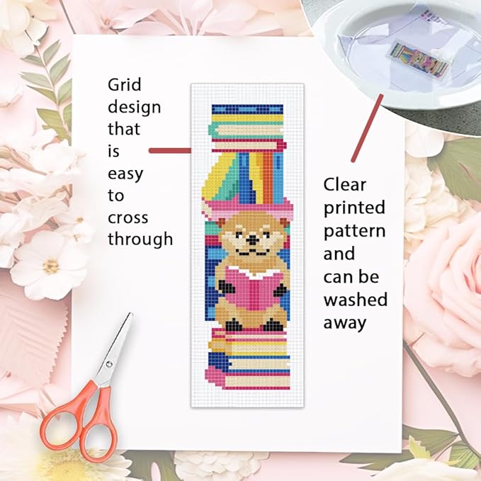 ORIGACH 6 Set Reading Animals & Book Stacks Cross Stitch Bookmark Kit for Beginner with Backing Felt Floss Instructions DIY Stamped Embroidery Bookmark Kit for Adults, Book Lovers