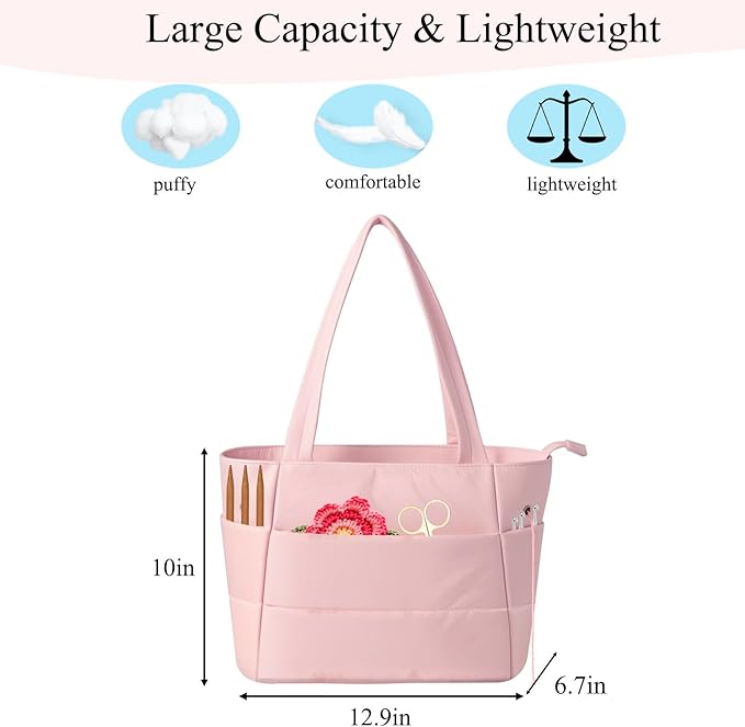 Crochet Bag for Yarn Storage, Puffer Knitting Bag with Soft Handles, Lightweight Yarn Storage Organizer with Zipper for Crochet Accessories, Gifts for Crocheters (Pink)