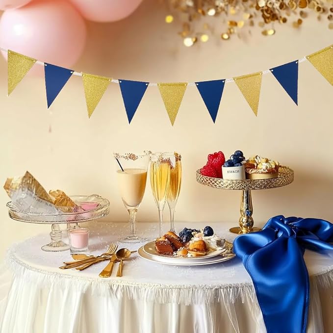 MOWO Gold Blue Pennant Banner Paper Bunting Hanging Decoration for Birthday Graduation Retirement New Year's Party, Pack of 30 Counts Pennant, 20 feet