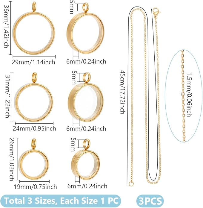 UNICRAFTALE 3 Sets Real 18K Gold Plated Memory Locket Charm Stainless Steel Flat Round DIY Picture Photo Necklace Making Kit Crystal Locket Pendants Glass Floating Charm for Jewelry Making