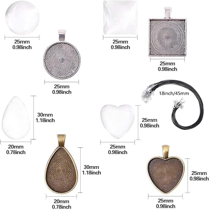 BetterJonny 48pcs Bezel Pendant Trays, 4 Shapes Pendants Trays Set Including 24pcs Charms Bezel Blanks and 24pcs Glass Cabochons for DIY Jewelry Making(2 Colors)