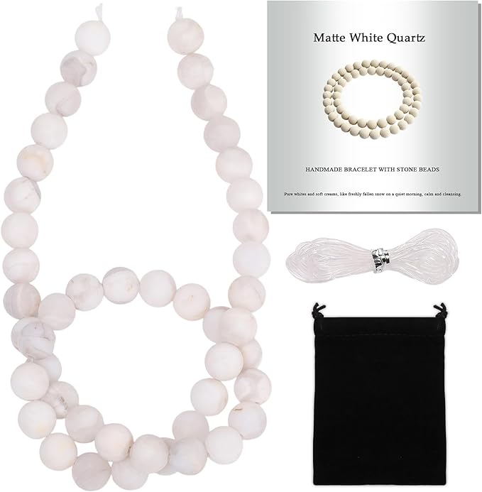 Stone Beads, 45pcs Matte White Quartz, 8mm Round Loose Beads for Jewelry Making, Bracelets, with Bag, String & Card