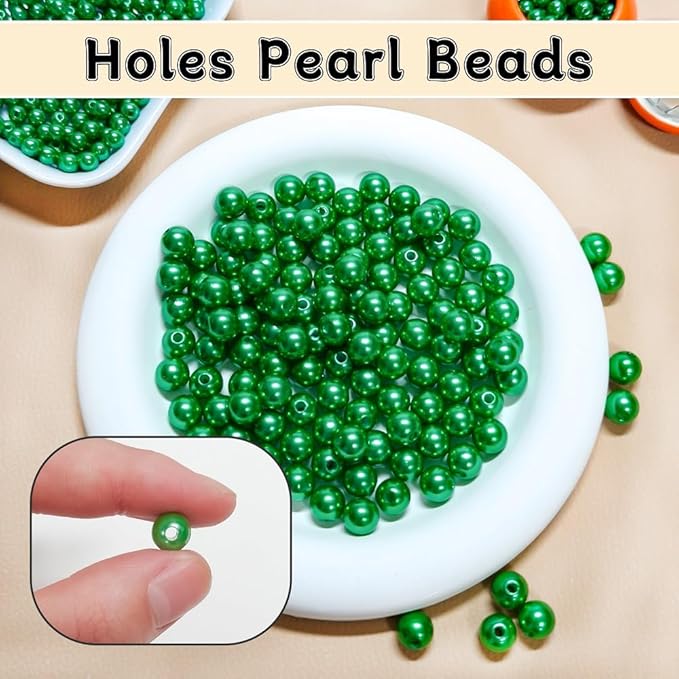 Pearl Beads for Jewelry Making Holes ABS Craft Beads with Holes for Jewelry Making, Bracelet, Necklace Crafting Bulk Bead Kit (8mm, Green/750 pcs)