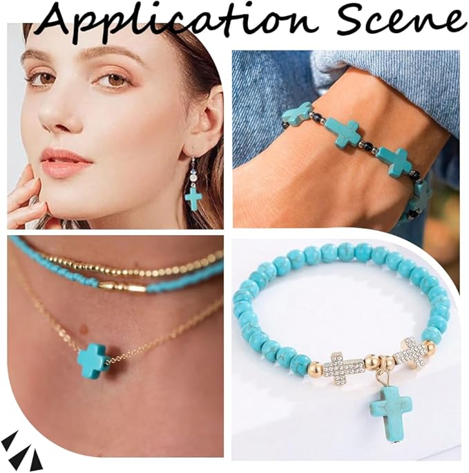 SUNNYCLUE 1 Box 100Pcs Cross Beads Bulk Blue Synthetic Turquoise Stone Cross Bead Charms Mini Small Pocket Crosses Tiny Easter Holiday Crucifix Beads for Jewelry Making Beading Kits Craft Supplies