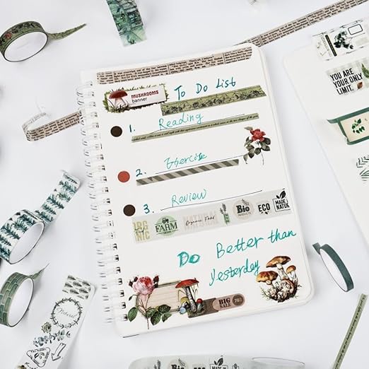 Washi Tape Set, 20 Rolls, Plant Botanical Green Washi Tape for Journaling, Decorative Tape for Scrapbooking, Junk Journal Supplies, Bullet Journaling