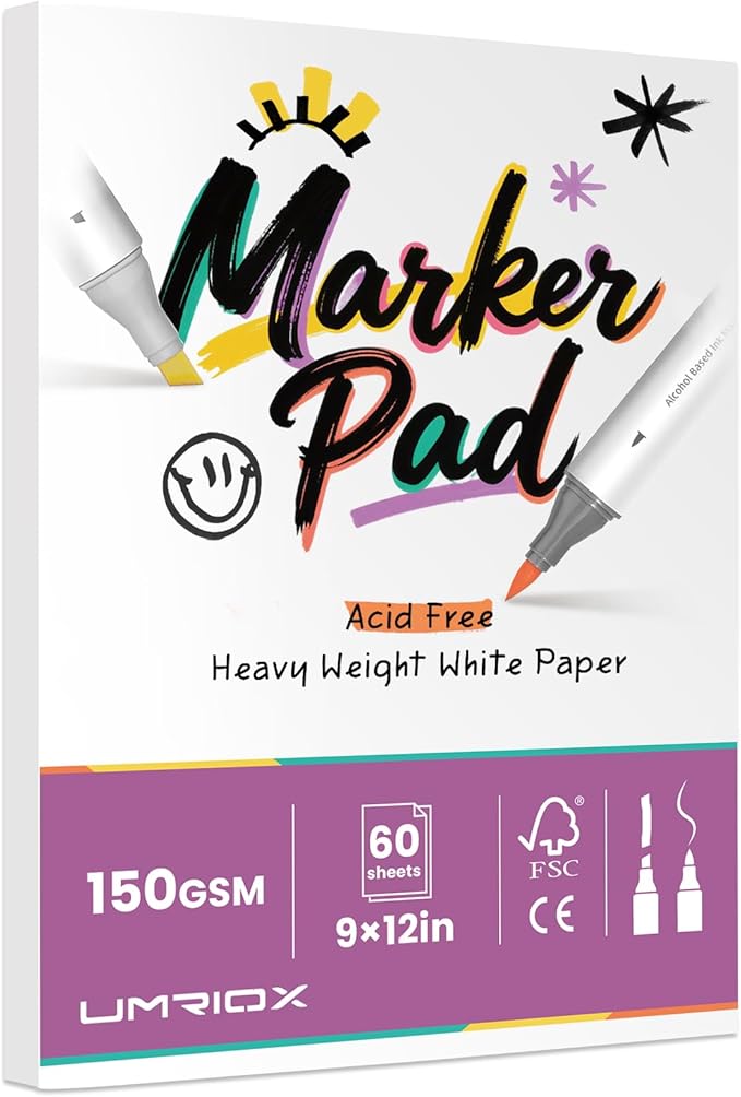 Umriox 60 Sheets Marker Paper Pad, 9"x12" Double Sided Bleedproof Art Sketchbook, 150 GSM Paper, Tape Bound Sketch Book for Alcohol Markers
