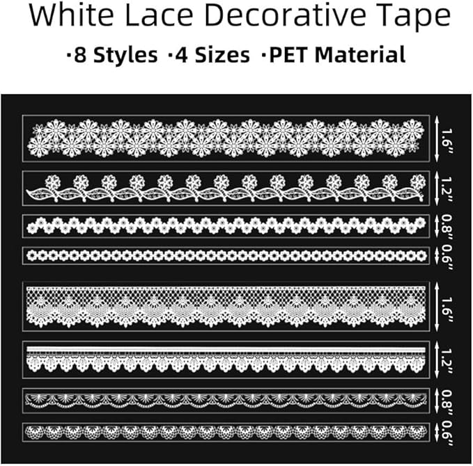 White Lace Washi Tape Set, 8 Rolls Elegant Vintage PET Decorative Tape Adhesive for Crafts Materials Journaling Scrapbooking Supplies Card Making Gift Wraping Daily Planner Vase