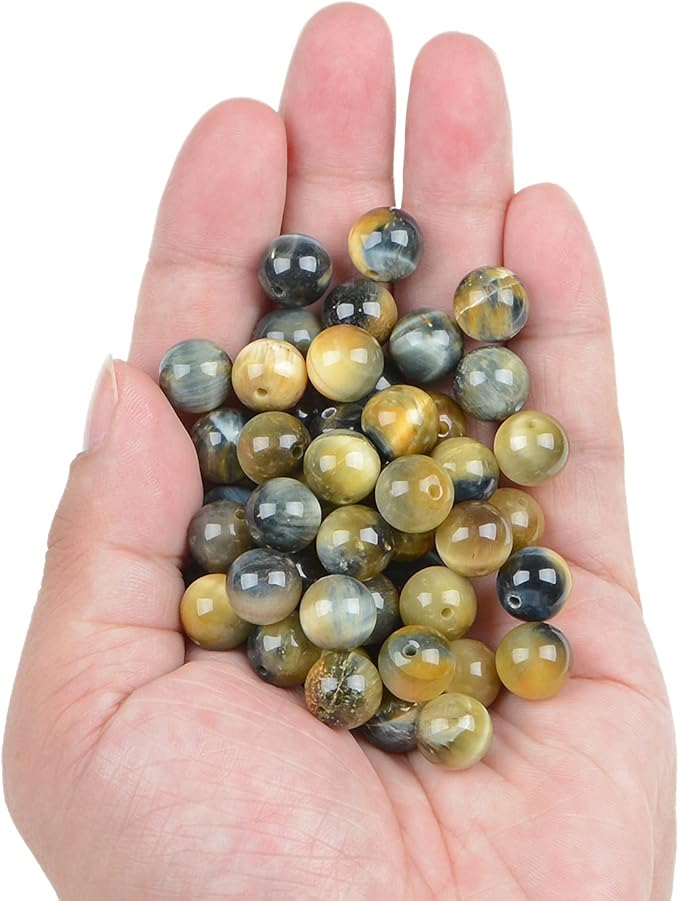 bymitel 90pcs crystal beads stone gemstone round energy healing loose beads with stretch cord for jewelry making bracelets anklets (yellow blue tiger's eye, 10mm 90pcs)