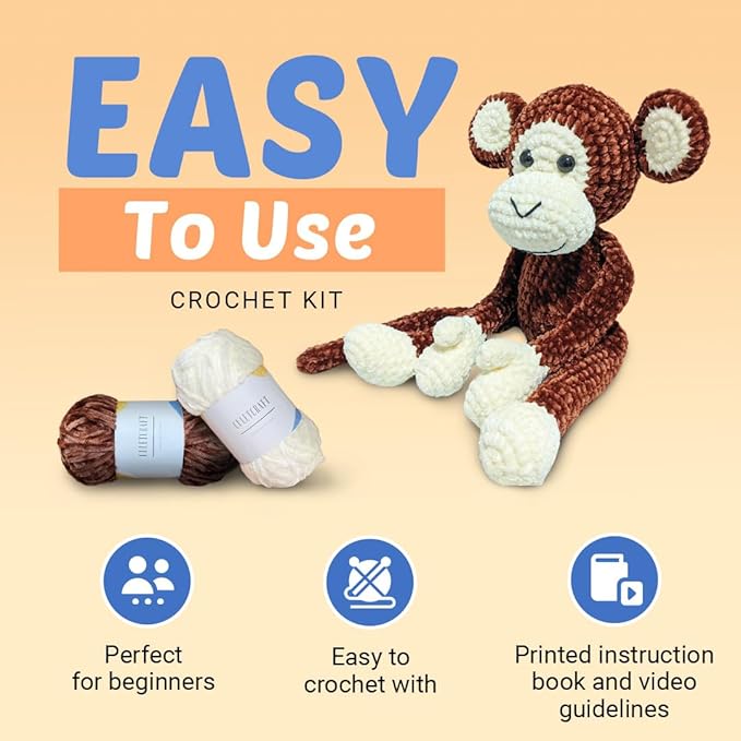 CULETCRAFT Crochet Kit for Beginners Adults, Freddy The Monkey DIY Crochet Animal Kit for Beginners, Learn to Crochet with Step-by-Step Instruction Book, Beginner Crochet Kit for Adults