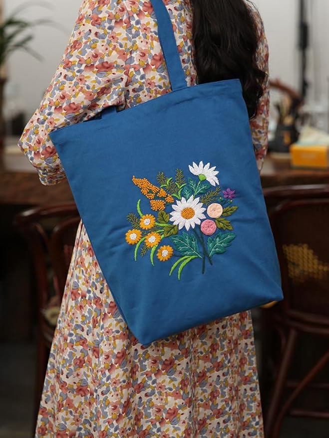 Canvas Tote Bag Embroidery Kit with Pattern for Beginners, Arts and DIY Embroidery Crafts Kits for Adults, Instructions, thimble, Embroidery Hoops, Color Threads (darkblue, CR002 chenhuicaoxin)
