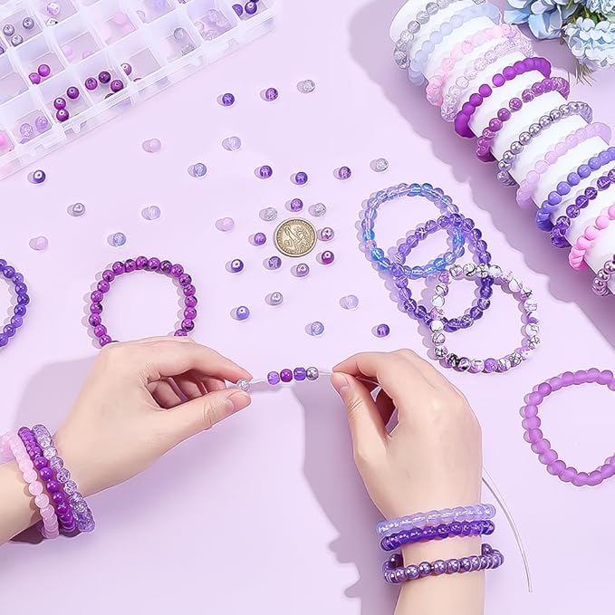 PH PandaHall 720pcs 8mm Purple Glass Beads 24 Color Round Bracelet Beads Loose Crystal Bead Craft Bead Bulk for Summer Friendship Bracelet Necklace Earring Jewelry Making DIY Craft Party Ornament