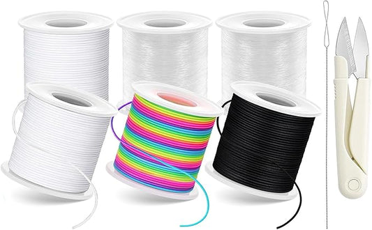 8pcs Elastic String Bracelet Making Kit, Stretchy Bracelet String (786 ft Total), 6 Rolls 1mm Stretch Cord with Scissors & 0.6mm Needle Threader for Beading and Jewelry Making.