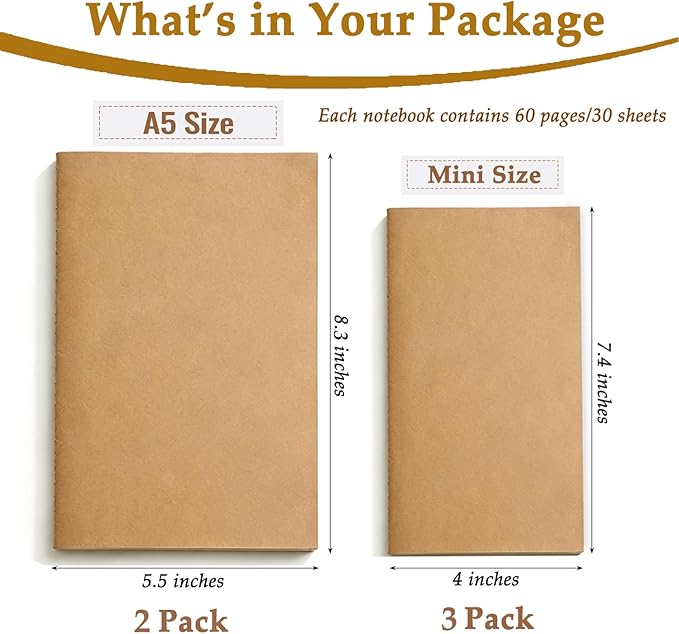 5 Pack Blank Kraft Notebooks Set, 60 Pages Journals Notebook Bulk, Unlined Composition Notebook for Kids, Student, Sketchbooks and Pocket Notebook(8.3"×5.5", 7.4"×4")