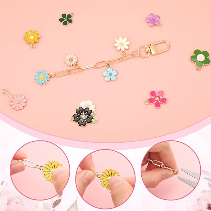 Tondiamo 266 Pieces Flower DIY Gold Keychain Making Kit Floral Daisy Bag Charm Jewelry Making Sunflower Ornaments Bulk for Key Ring Art Adults Women Bag Gift