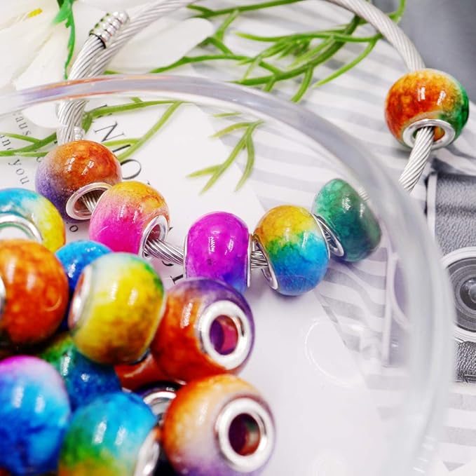AIPRIDY 100Pcs 15x11mm Painting Murano Large Hole Glass Beads Mix Color with Silver Brass Cores European Charm fit Bracelet Necklace (Explosive Double Color Glass)