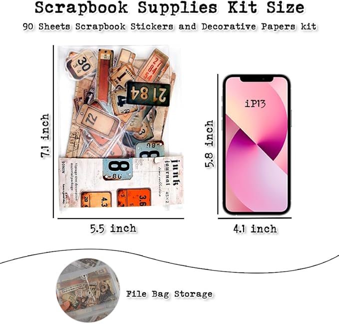 Vintage Scrapbook Kit, 90 Sheets Retro Tag Labels Collection, Scrapbooking Stickers and Decorative Papers Collage Materials, Ephemera for Junk Journal Supplies, Journaling, Crafts Arts, Scrap Booking