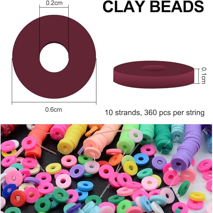 MIIIM 3600 PCS 10 Strands Polymer Clay Beads for Jewelry Making, Vinyl Heishi Beads 6mm for Surfer Bracelets Necklace Making (Maroon)
