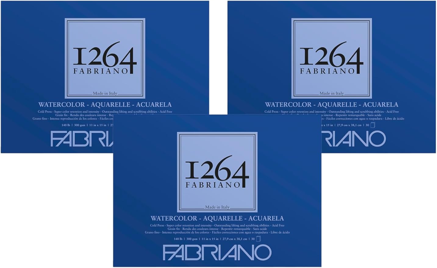 Fabriano 1264 Watercolor Pad, 11" x 15", Glue Bound, 140 lb., 3-Pack