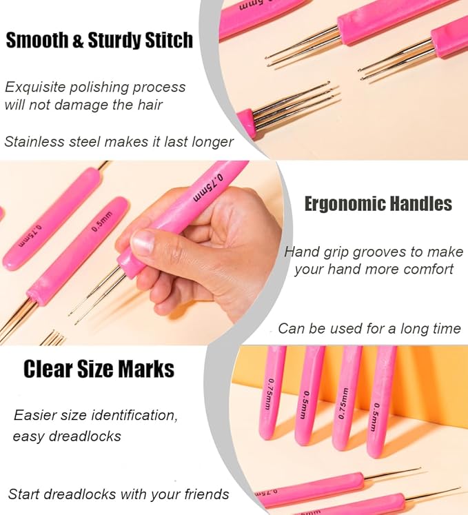 Weabetfu Dreadlocks Crochet Hooks with Ergonomic Handle,Dreadlock Needle Tool for Craft,Dreadlock Crochet Hook for Hair 0.75mm 3 Hook