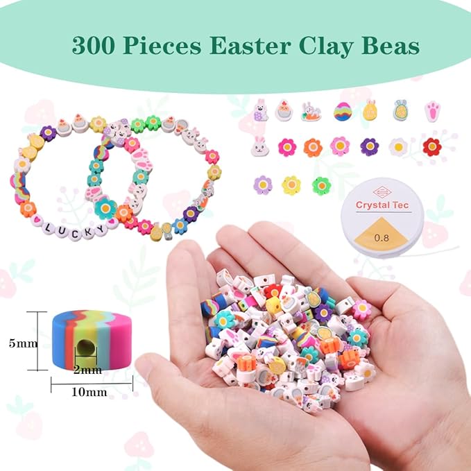 Easter Polymer Clay Bead for Bracelets, 300 Pieces Easter Beads Assorted Bunny Chick Egg Flower Shapes Beads Necklace Jewelry Making DIY Crafts