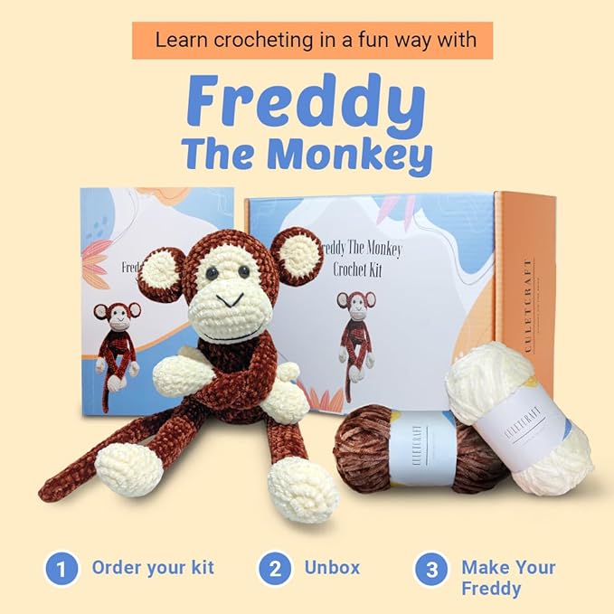 CULETCRAFT Crochet Kit for Beginners Adults, Freddy The Monkey DIY Crochet Animal Kit for Beginners, Learn to Crochet with Step-by-Step Instruction Book, Beginner Crochet Kit for Adults