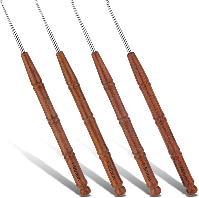 Wuadua 1/1.25/1.5/1.75mm Crochet Hook Set, 4Pcs Ergonomic Crochet Hooks with Wooden Handle, Crochet Needle for Arthritic, Ideal for Lace Thread, Perfect for Miniature Delicate Items