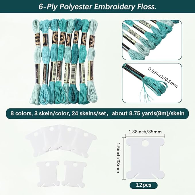 24 Skeins 6 Strands Green Embroidery Floss Threads Variegated Gradient Cross Stitch Thread Friendship Bracelets String Bulk with 12 Floss Bobbins for Hand Sewing Knitting Craft Stitching Diy