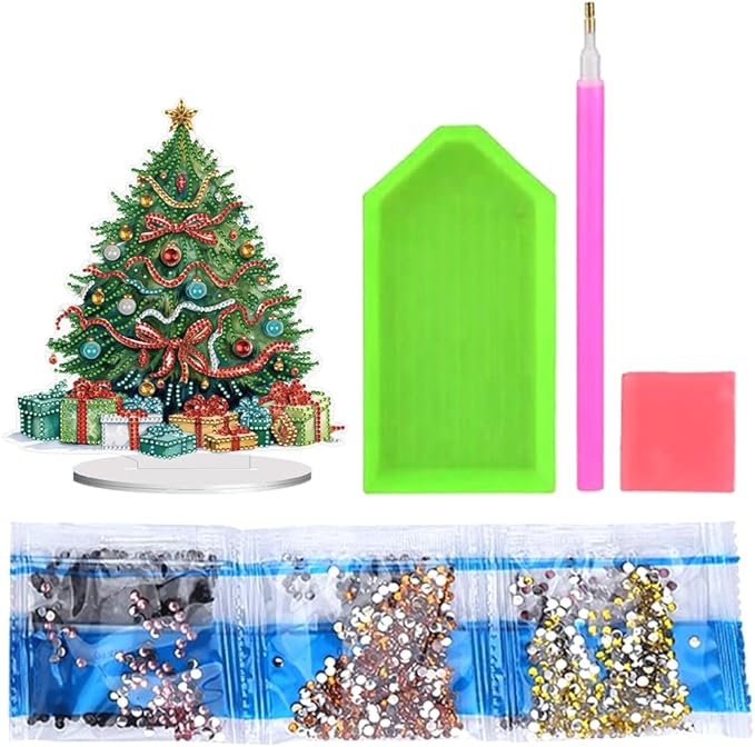 LAKEQUILL Christmas Tree Desktop Diamond Art Kit for Adults Christmas,DIY Stand Up Double Sided Special Shaped Diamond Art Desktop Ornaments for Home Office （ Christmas Tree）